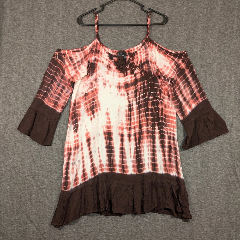 Ace Fashion Red Brown Tie Die Cold Sholder Tunic Top Boho Hippie Biker Size L